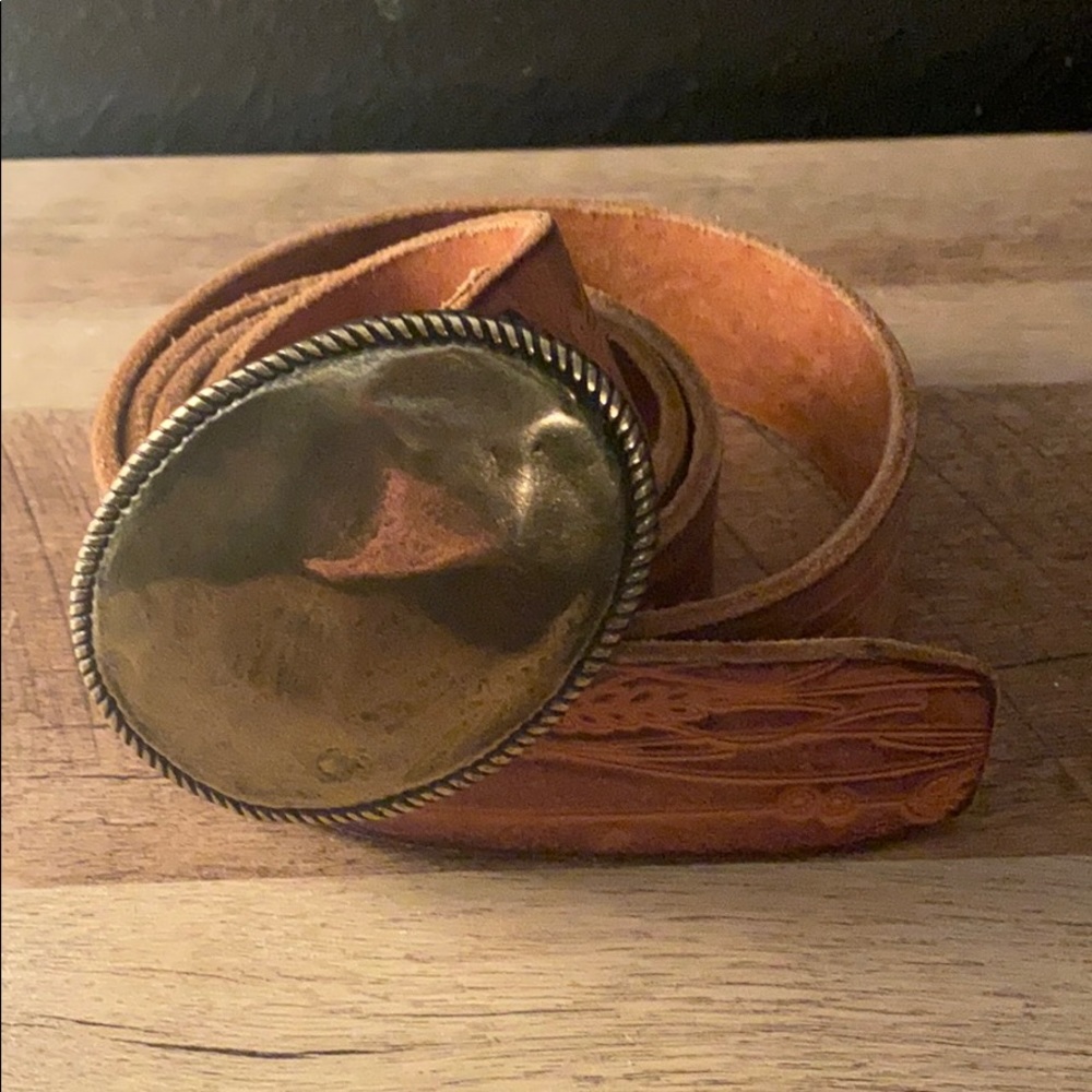 Eddie Bauer let her belt with big gold buckle